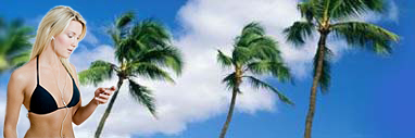 Fit Blonde model with iPod Bikini Palm Trees Tropic